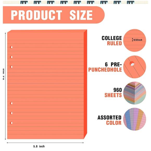 A5 6 Ring Refill Paper, Multicolored, 960 Sheets, NIP - Picture 3 of 6
